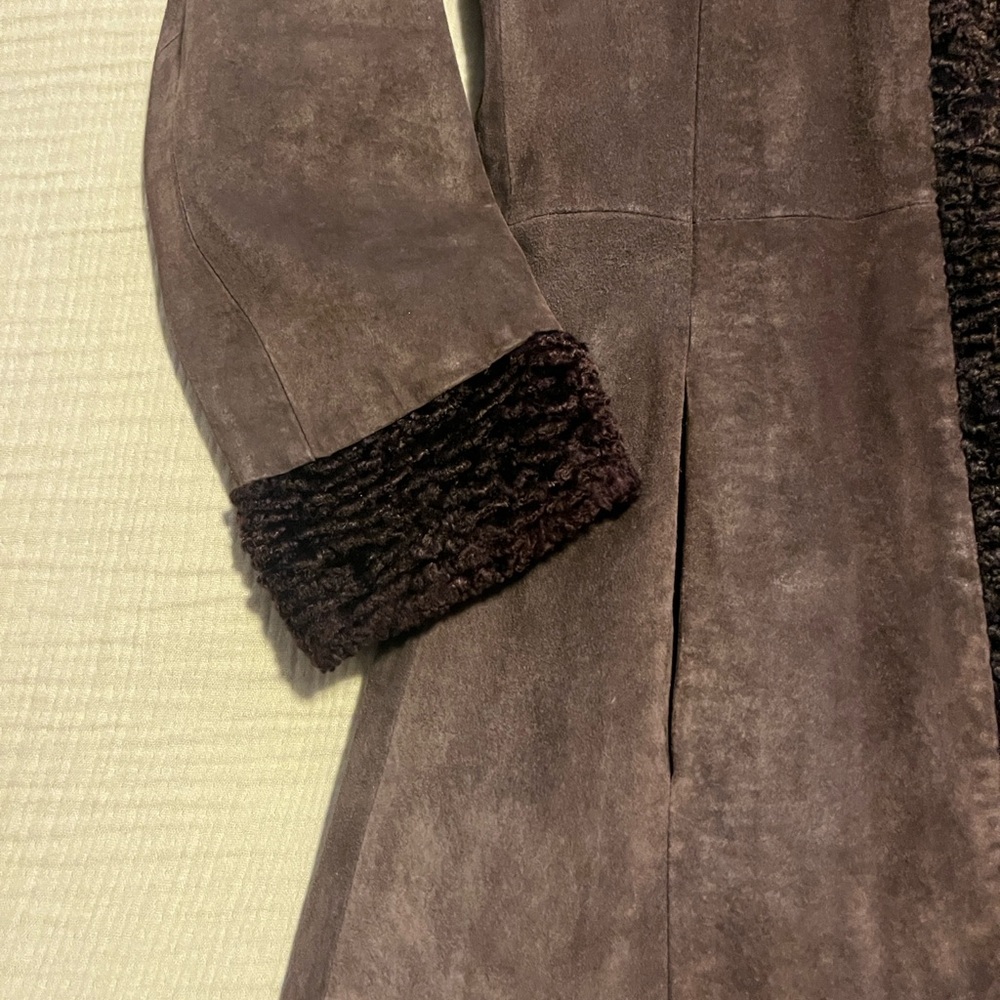 Margaret Godfrey Brown Suede Long Coat faux fur collar/trim gorgeous sz petite 6 - Picture 6 of 8
